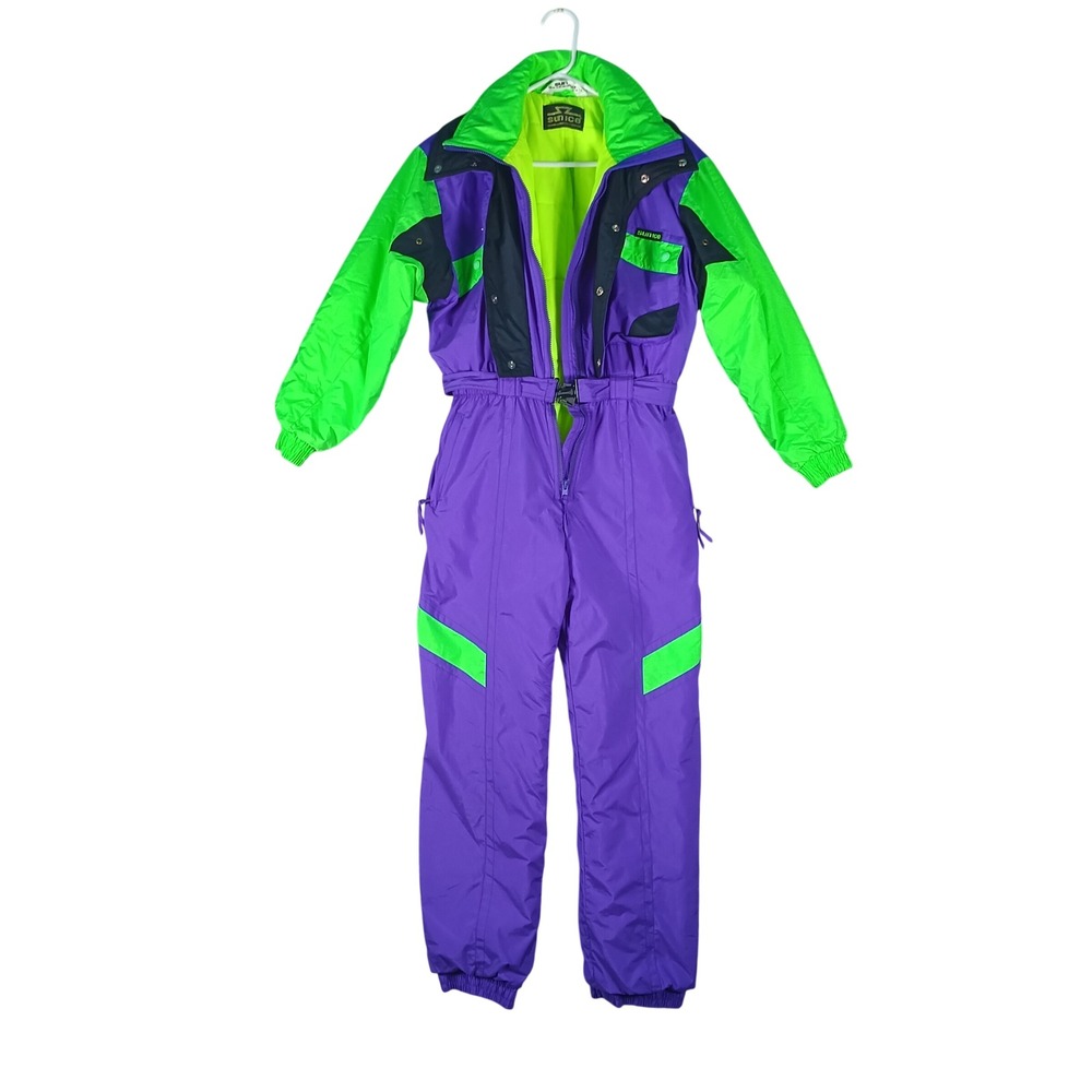 VTG Sunice Ski Suit Women Size 14 Purple Green Neon One Piece Belted Snowmobile